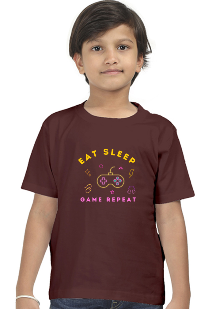 Kids Eat Sleep Game Repeat T-Shirt  Maroon-13Yrs