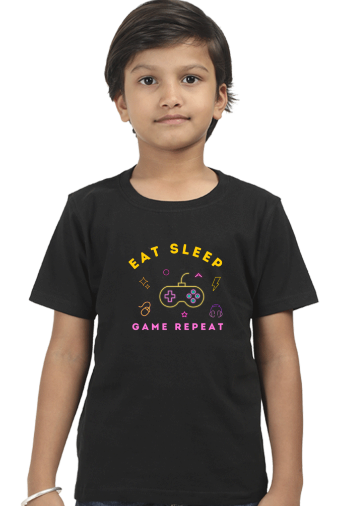 Kids Eat Sleep Game Repeat T-Shirt  Black-13Yrs