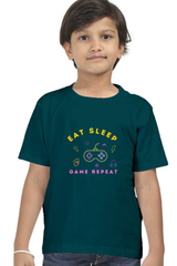 Kids Eat Sleep Game Repeat T-Shirt  Petrol-Blue-13Yrs