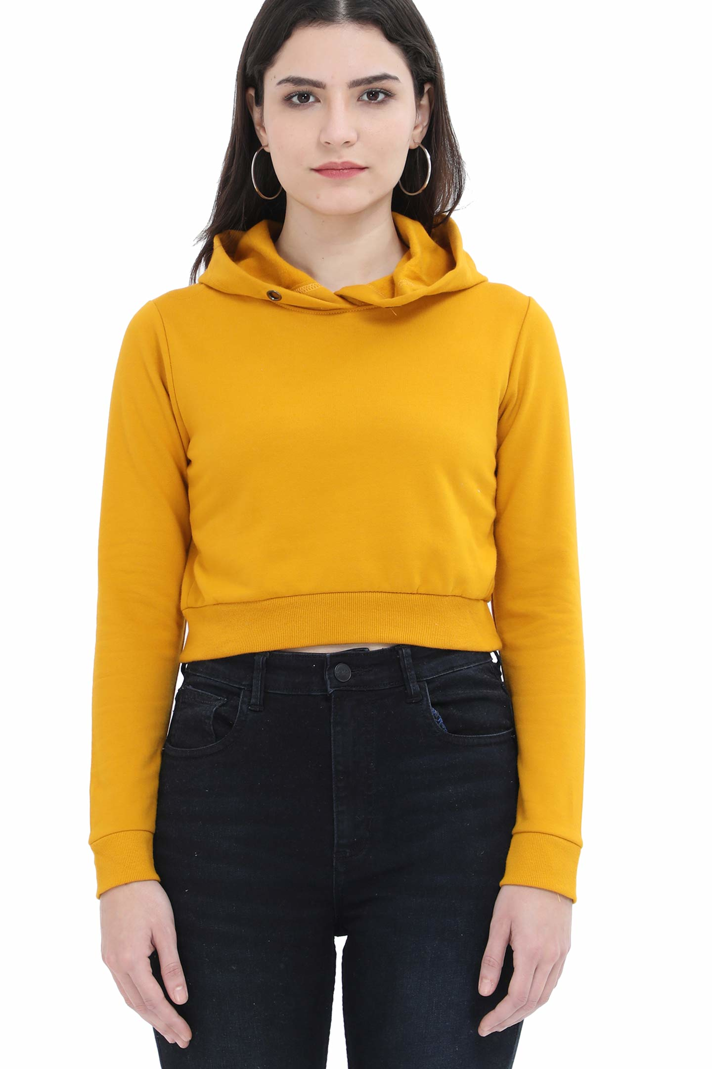 Female Crop Hoodies - Plain  Mustard-Yellow-XXL