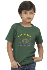 Kids Eat Sleep Game Repeat T-Shirt  Bottle-Green-13Yrs