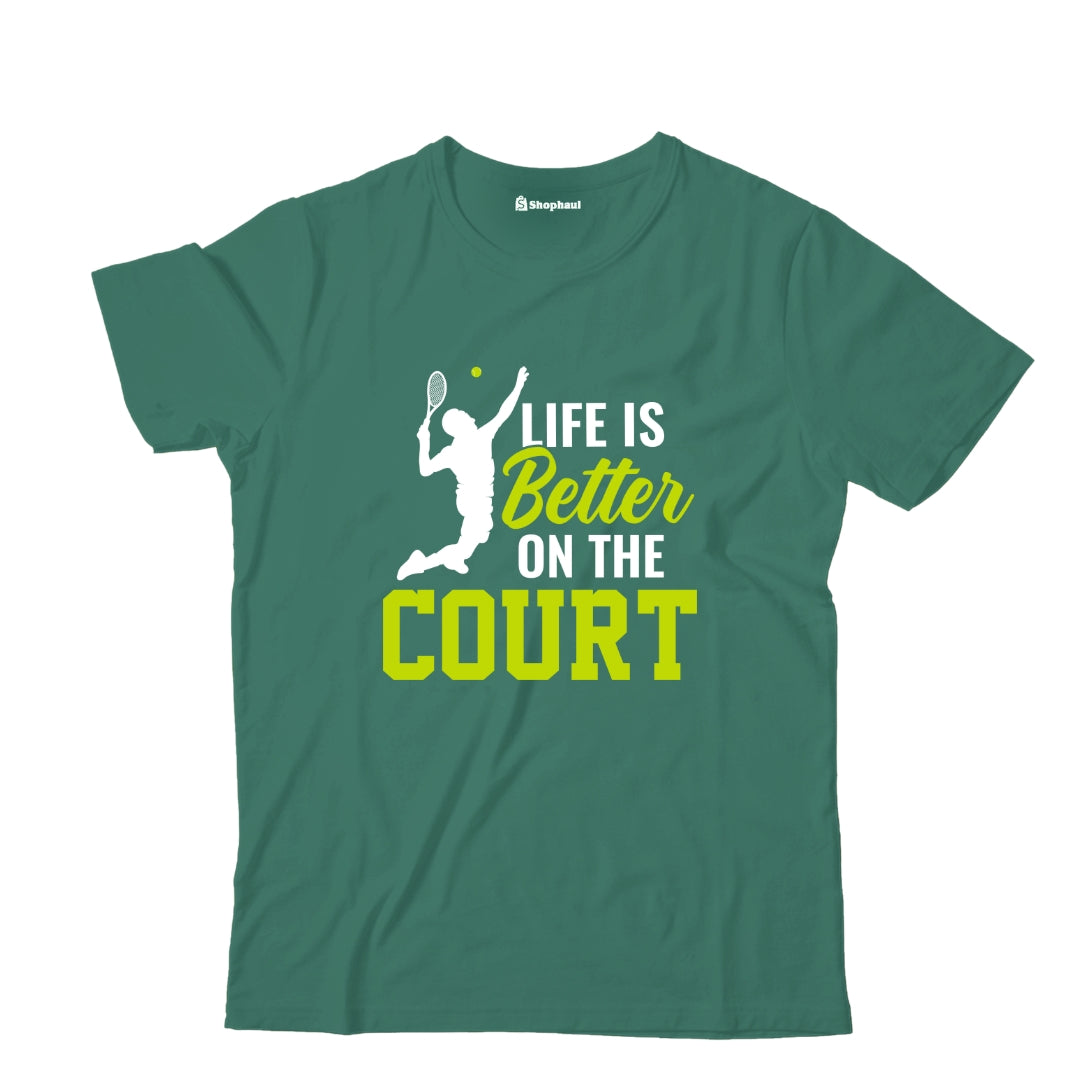 Kids Life is better on court Tennis T-Shirt  Bottle-Green-13Yrs