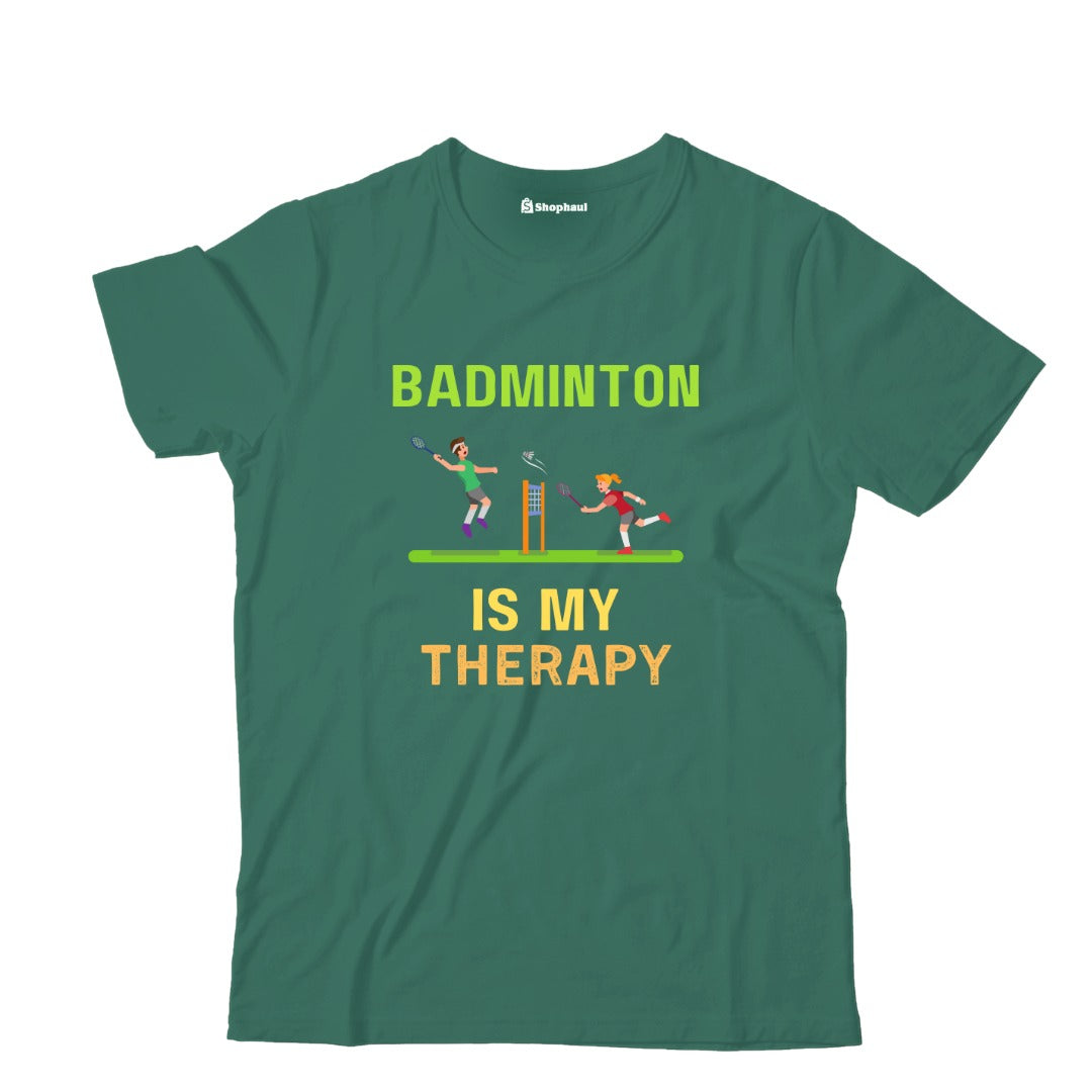 Kids Badminton is My Therapy T-Shirt  Bottle-Green-13Yrs