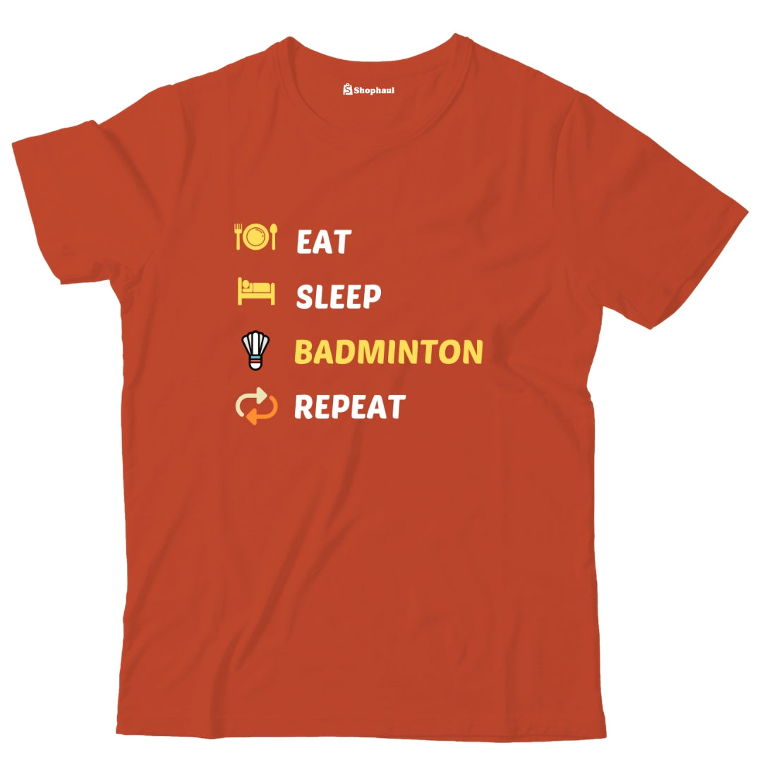 Kids Eat Sleep Badminton T-Shirt  Brick-Red-13Yrs