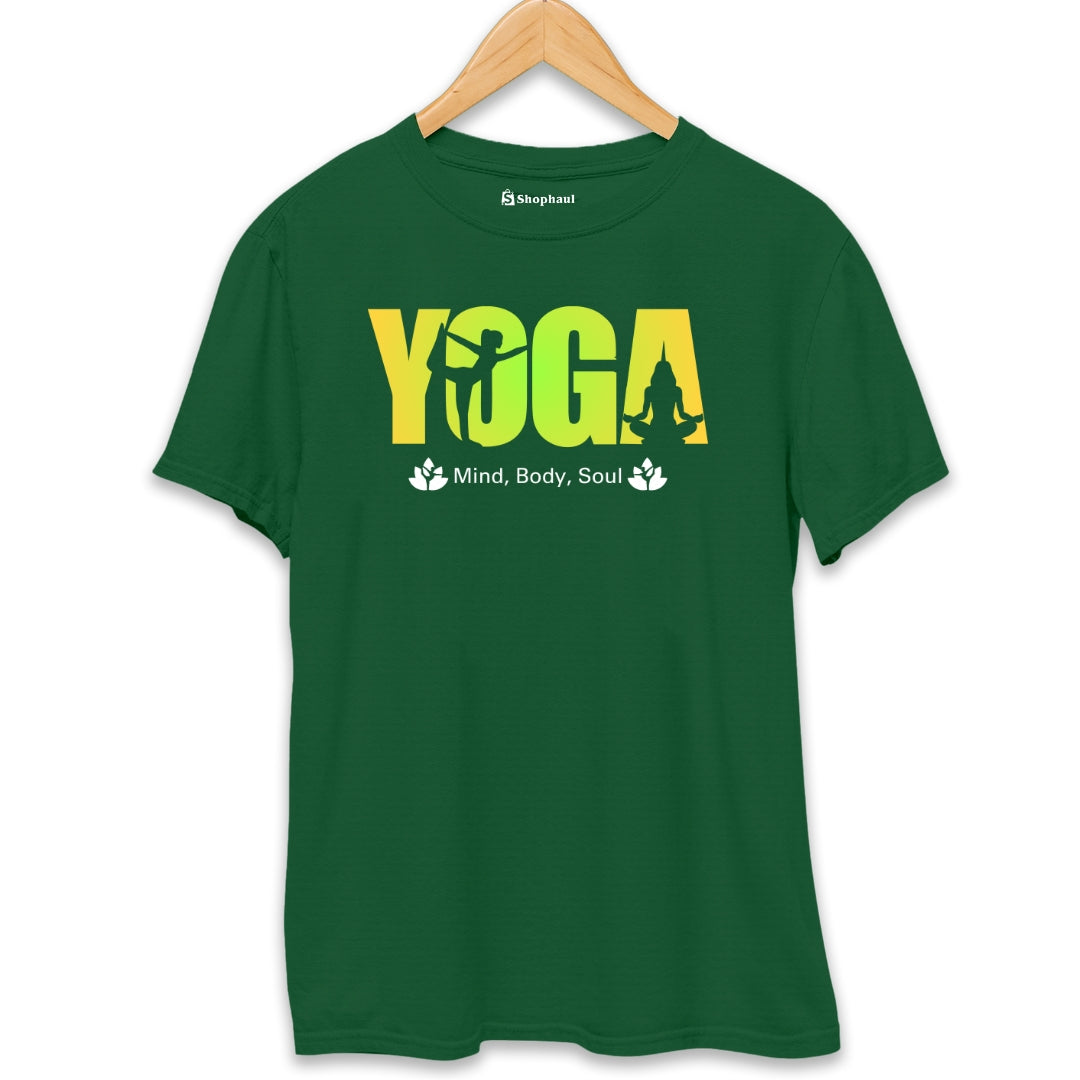 Mind Body Soul Yoga T-Shirt  Bottle-Green-XXL