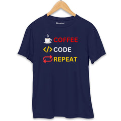 Coffee Code Repeat Coding T-Shirt  Navy-Blue-XXL